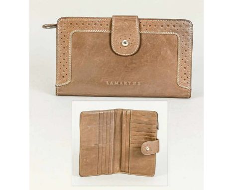 Lamarthe Portemonnaie, graubraunes Leder, Druckknopfschließe, leichte Tragespuren, ca. 11 x 19 cmLamarthe wallet, gray-brown 