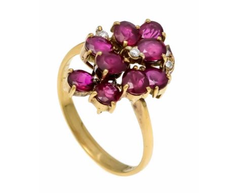 Rubin-Brillant-Ring GG 585/000 mit 9 oval fac. Rubinen 4,8 - 4,1 x 4,1 - 3,8 mm in guter Farbe und Reinheit, sowie 4 Brillant