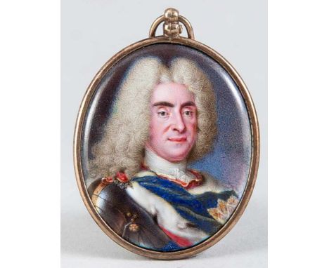 Miniaturmaler des frühen 18. Jh., Bildnis eines Manne mit Allongeperücke und Teilharnisch, unsign., Emailleminiatur in Medail