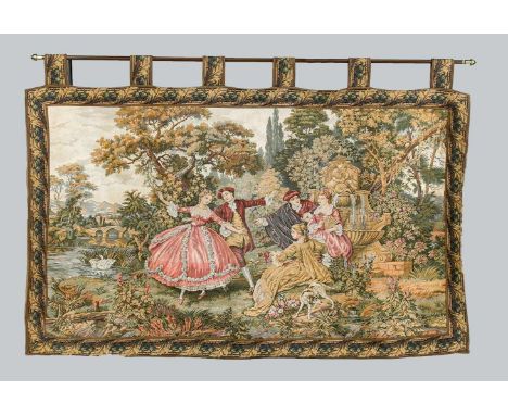 Historismus-Tapisserie, 20. Jh. Mehrfigurige, galante Szene in arkadischer Landschaft. Bordüre mit Akanthusranke. Mit Stange 
