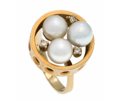 Akoya-Diamant-Ring GG 585/000 mit 2 weißen und einer hellgrauen Akoyaperle 7 mm und 3 Diamanten, zus. 0,06 ct W/SI, RG 55, 6,