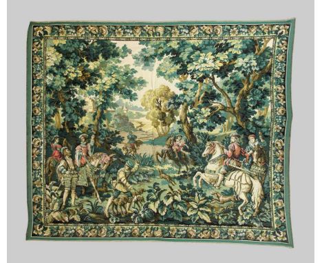 Jagdliche Tapisserie, 20. Jh. Mehrfigurige, jagdliche Szene im Mischwald. Blumenranken-Bordüre. Leicht ber., ca. 180 x 210 cm
