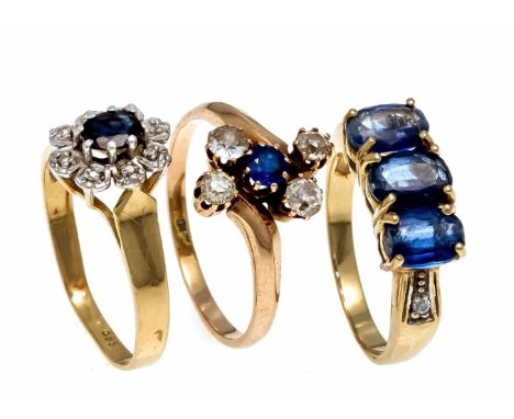 Konvolut 3 Saphir-Diamant-Ringe, 2 x  GG 585/000 mit einem oval fac. Saphir 5 x 4 mm und einem rund fac. Saphir 3,5 mm, Altsc