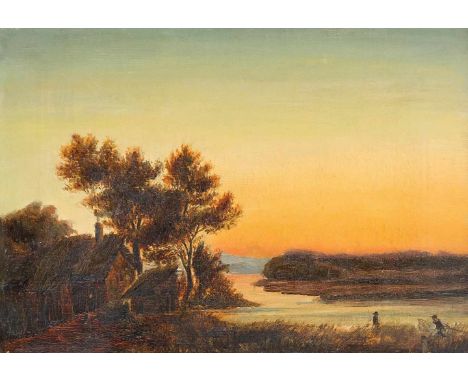 Dt. Romantiker des 19. Jh., Fischer am Seeufer in stimmungsvollem Abendlicht, Öl auf Lwd., unsign., 26 x 36 cmGerman romantic