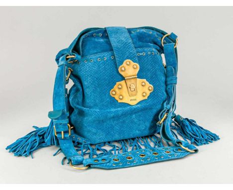 Tasche von Pucci (mit Original Etikett), hellblaues WIldleder, große Metallschließe, verstellbarer Schulterriemen, Fransenbes