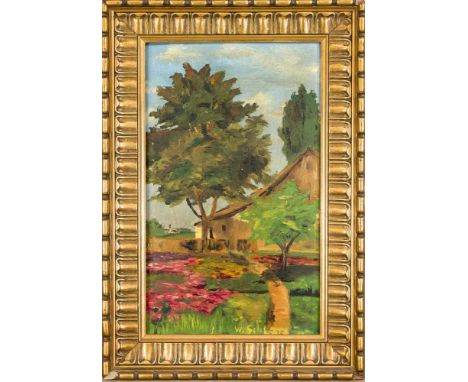 W. Schloß, 1. H. 20. Jh., Landhaus mit Gartenstück, Öl auf Karton. u. re. sign., 46 x 28 cm, ger. 58 x 40 cmW. Castle, 1st ha