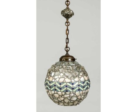 Große Jugendstil Buckelglas-Lampe, Anfang 20. Jh. Sphäre mit Bleiverglasung mit transparenten, groben Glasstücken, zum Äquato