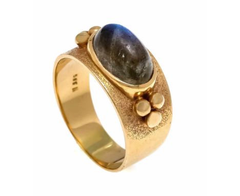 Labradorith-Ring GG 585/000 mit einem ovalen Labradorithcabochon 11,5 x 7 mm, RG 57, 5,8 gLabradorite ring GG 585/000 with an