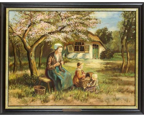 Cornelius Wouter Bouter (1888-1966), Familienidyll vor einem Landhaus mit spielenden Kindern unterm Kirschbaum, Öl auf Lwd., 