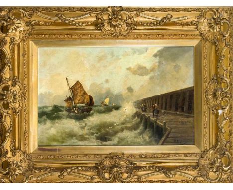 Adolf Kaufmann (1848-1916), österreichischer Marine- und Landschaftsmaler. Brandung im Sturm an einer Hafenmole mit Schiffen 