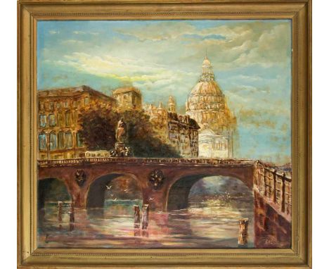 Peter Kamina (?), ''Jenseits der Mauer'', Ansicht von Berlin mit Brücke und Dom, Öl auf Karton, u. re. monogr. u. dat. (19)82