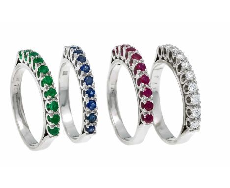 Rubin-Saphir-Smaragd-Brillant-Set WG 750/000 besetzt mit 10 Brillanten, zus. 0,35 ct TW-W/VS-SI, jeweils 10 rund fac. Rubine,