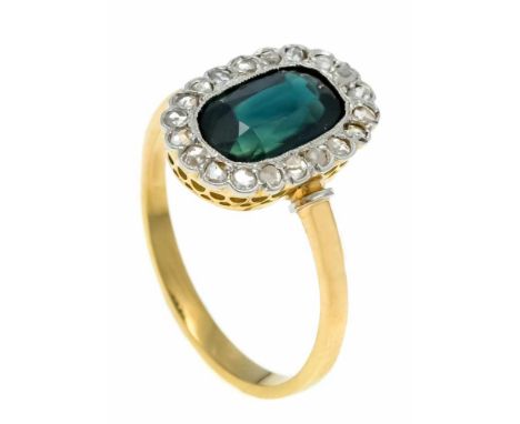 Saphir-Diamantrosen-Ring GG/WG 750/000 ungest., gepr., mit einem oval fac. Saphir 10 x 6 mm in einem grünstichigen Blau und D