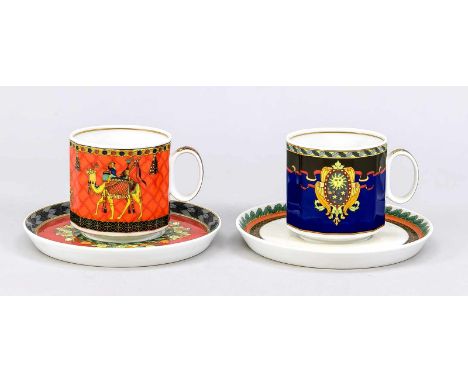 Zwei Tassen mit UT, Rosenthal, Studio-line, Ende 20. Jh., Design Versace, polygonale Form, dekor 'Le voyage de Marco Polo' un