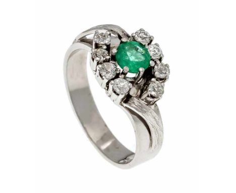 Smaragd-Altschliff-Diamant-Ring WG 585/000 mit einem rund fac. Smaragd 0,45 ct und 8 Altschliff-Diamanten, zus. 0,40 ct W-l.g