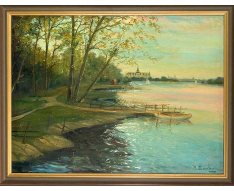 Ragnar Swahn (1882-1964), schwedischer Landschaftsmaler. Blick über einen See auf ein Schloss am Abend, Öl auf Hartfaser, u. 