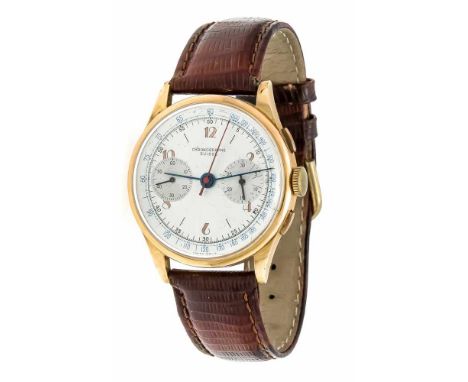 Herrenuhr Chronograf swiss made, Handaufzug, GG 750/000, Landeron Kal 248 läuft, versilbertes Zifferblatt mit arab. Ziffern g