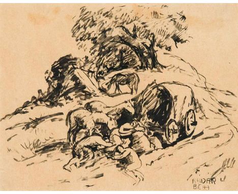 Béla Kadar (1877-1956), ungarischer Künstler. Rastende Gruppe mit Planwagen, Tuschzeichnung auf sandfarbenem Papier, u. re. s