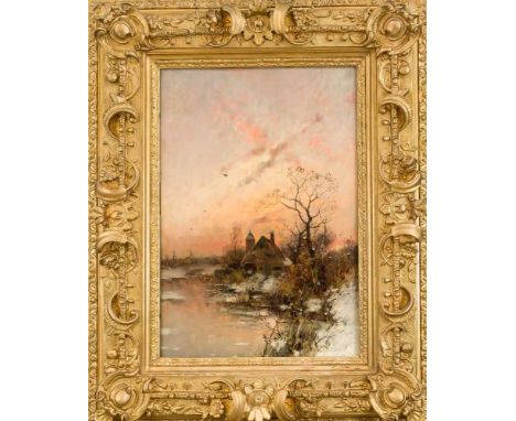 Heinz Flockenhaus (1856-1919), Düsseldorfer Landschaftsmaler. Winterlandschaft mit Ausblick auf ein Dorf im Abendlicht, Öl au