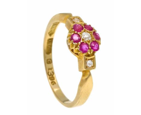 Rubin-Altschliff-Diamant-Ring GG 750/000 mit 6 rund fac. Rubinen 2 mm und 3 Altschliff-Diamanten, zus. 0,05 ct W/SI, RG 52, 2