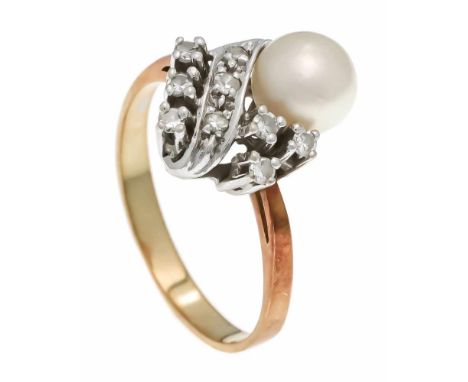Akoya-Diamant-Ring GG/WG 585/000 mit cremeweißer Akoyaperle 7 mm und 9 Diamanten, zus. 0,09 ct W/SI, RG 55, 3,2 gAkoya diamon