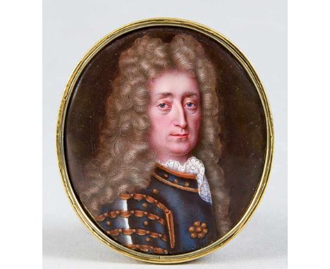 Monogrammist G.S.C., Miniaturmaler des 17. Jh., ovales Portrait eines Mannes mit Allongeperücke, Miniaturmalerei in Goldmedai