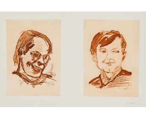 Georg Baselitz (*1938), Doppelporträt der Kunsthändler Heiner Friedrich und Franz Dahlem, Radierungen mit Heliogravüre in bra
