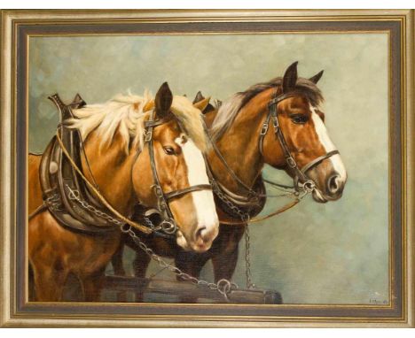 Sign. Erhardt, Tiermaler 2. H. 20. Jh., Portrait von zwei Pferden an der Deichsel, Öl auf Lwd., u. re. sign., 60 x 80 cm, ger