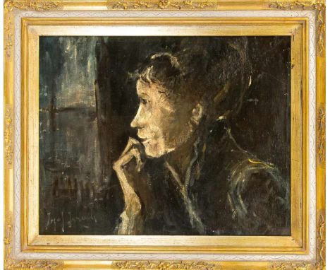 Jozef Israels (1824-1911) (attrib.), ''In Afwachting (in Erwartung)'', dunkles, studienhaftes Portrait einer Frau am Fenster,
