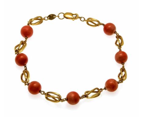Korallen-Armband GG 750/000 mit 7 Korallen-Kugeln 8 mm, helles Orangerot, mit Karabiner, L. 21,2 cm, 10,0 gCoral bracelet GG 