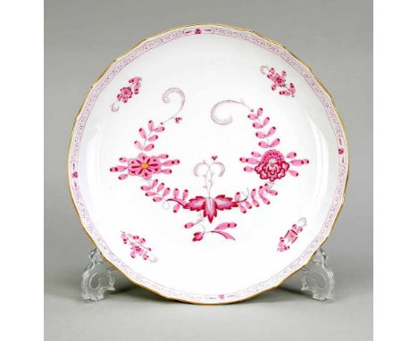 Runde Schale, Meissen, 1970er Jahre, 2. W., Form neuer Ausschnitt, Dekor Indisch Purpur, leicht, ziervergoldet, Ø 27,5 cmRoun