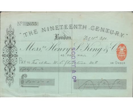 Willaim E. Gladstone former Prime Minister signed large cheque dated Feb 18th, 1891, signed on reverse. Good condition. All a