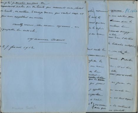 Maurice Barres French Novelist signed 3, page vintage manuscript dated 1912. Good condition. All autographs come with a Certi