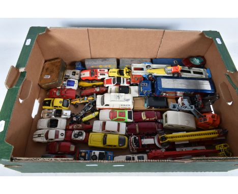 A QUANTITY OF UNBOXED AND ASSORTED PLAYWORN DIECAST VEHICLES, to include Dinky Toys Racing Car, No.23, first casting, yellow 