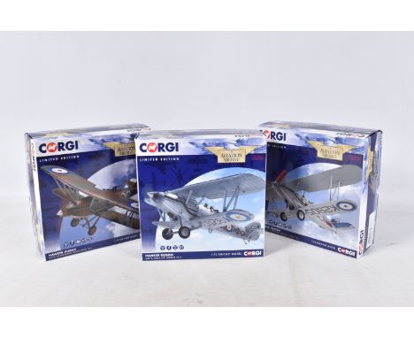 THREE BOXED LIMITED EDITION CORGI AVIATION ARCHIVE MILITARY HAWKER 1:72 DIE-CAST MODELS, the first a AA39605 Hawker Demon G-B