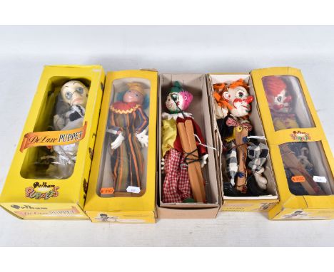 FIVE BOXED PELHAM CLOWN PUPPETS, De Luxe SL31 Pierrot, SL17 Bimbo, Baby Bimbo, SS6 Clown and SS Clown with white face, all ap