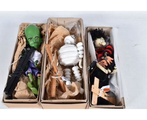 FOUR BOXED MODERN WOODEN PUPPETS, The Mekon from Dan Dare, Bibenbum the Michelin Man, Dennis the Menace and Gnasher the Dog, 