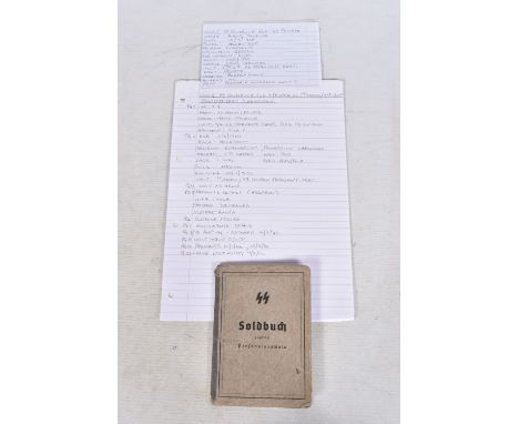 A WWII SS SOLDBUCH FOR A PRIVATE IN THE FIRST PLATOON / FOURTH CAMP TOTENKOPFREGT 3 SS division, for a Hans Thuring, born 10/