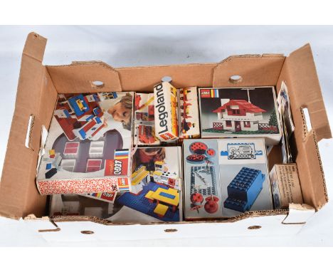 A BOX OF VINTAGE LEGO SYSTEMS SETS, mostly boxed including a battery case 101 and four wheel drive motor 100, Shell truck 621