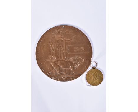 A WWI MEMORIAL PLAQUE AND A VICTORY MEDAL, the plaque is named to Wallace Sargent and the victory medal is named to G/23129 P