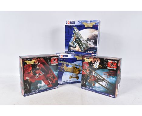 FOUR BOXED CORGI AVIATION ARCHIVE 1:72 DIE-CAST MODELS, the first a AA38308 Red Baron Fokker Dr.I Dreidecker 425/17, collecto