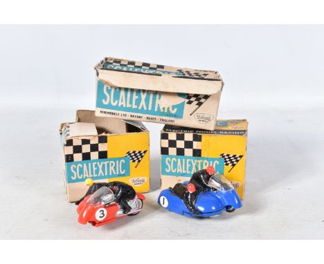 TWO BOXED TRI-ANG SCALEXTRIC HURRICANE MOTORBIKE AND SIDECAR, No.B/2, one in blue with RN1, the other red with RN3, blue one 