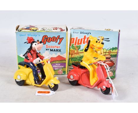 TWO BOXED VINTAGE MARX PLASTIC FRICTION DRIVE SCOOTERS WALT DISNEY'S GOOFY AND PLUTO, both appear complete, in working order 