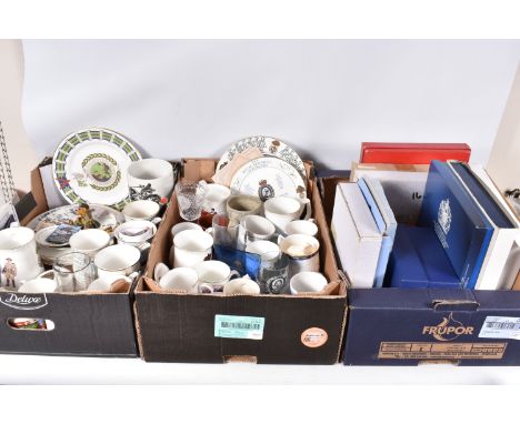 TWO BOXES OF MOSTLY MODERN MILITARY INTEREST, ceramics and glass and a box of empty boxes, items include a limited edition Sp