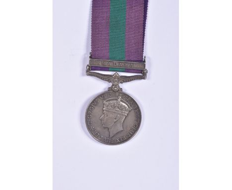 A GEORGE VI GENERAL SERVICE MEDAL WITH MALAYA BAR, the medal comes with its ribbon and is named to 2225526 V Muscat Gordon Hi