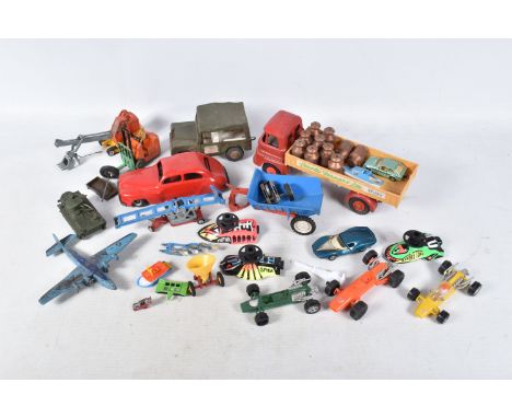 A QUANTITY OF UNBOXED AND ASSORTED PLAYWORN DIECAST VEHICLES, to include Chad Valley tinplate clockwork saloon car, missing k