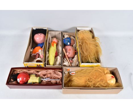 SIX BOXED PELHAM MAGIC ROUNDABOUT PUPPETS, Dougal, Florence, Brian the Snail, Zebedee and Mr. Rusty stick or finger puppets a