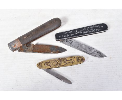 THREE GERMAN WWI AND WWII PEN KNIVES, the first has 1914 and 1915 plus an iron cross on one side and Unsern Tapferen Kriegern
