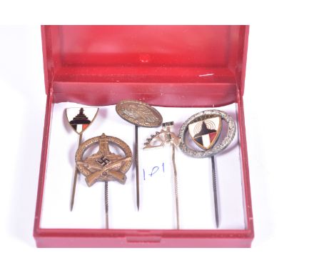 FIVE GERMAN STICK PINS, to include a NSBO members pin, two Kyffhausebond pins, a DLRG lifesaving pin and a German veterans ma