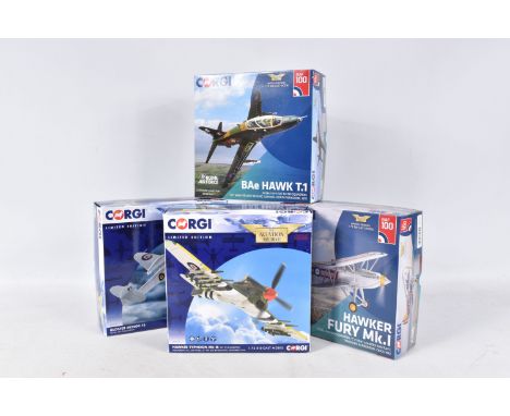 FOUR BOXED LIMITED EDITION CORGI AVIATION ARCHIVE 1:72 DIE-CAST MODELS, the first a no.7 Centenary RAF 100 Collection BAe Haw